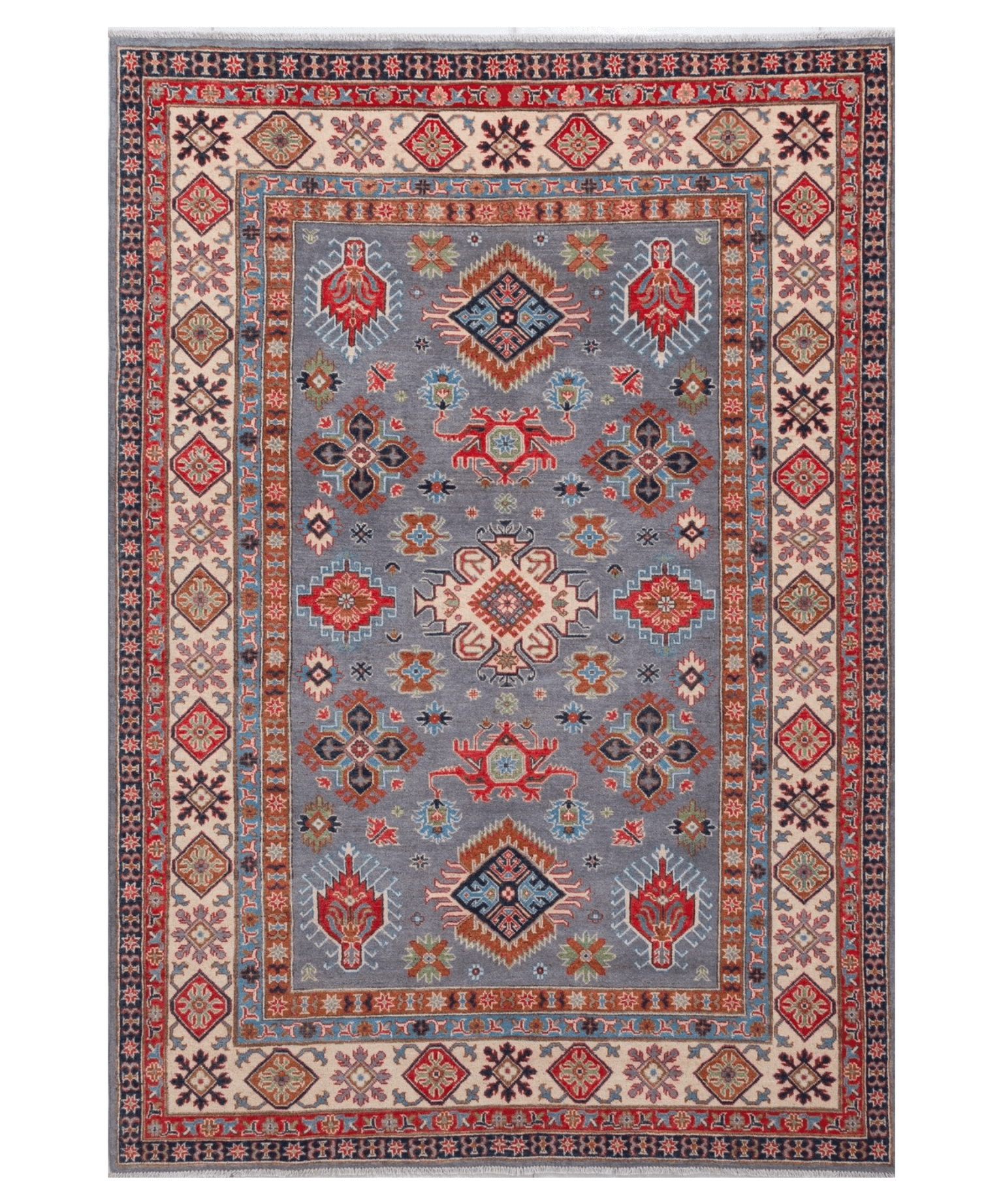 Full front view of blue & red Kazak-inspired wool rug 29339.
