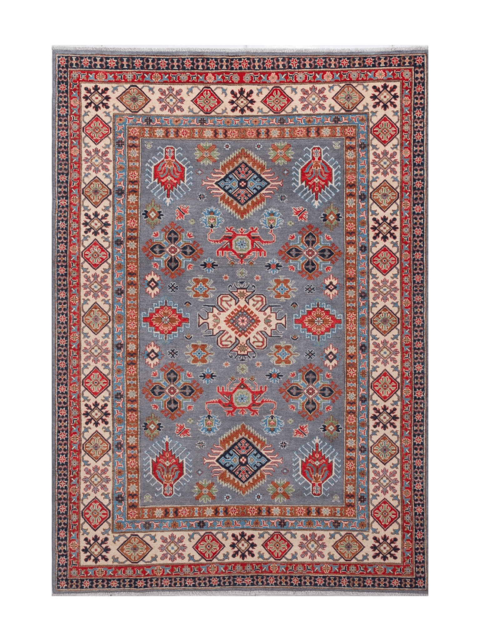 Full front view of blue & red Kazak-inspired wool rug 29339.