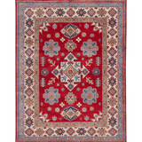 Full front view of red & ivory Kazak-inspired wool rug 21991.
