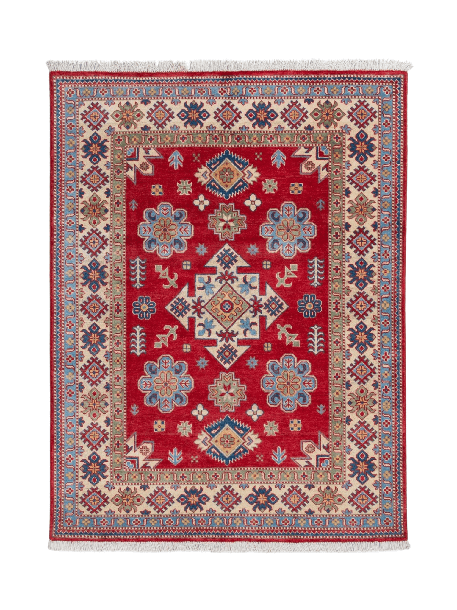 Full front view of red & ivory Kazak-inspired wool rug 21991.