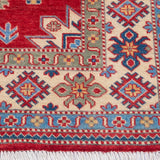 Border and edge detail of red & ivory Kazak-inspired wool rug 21991.