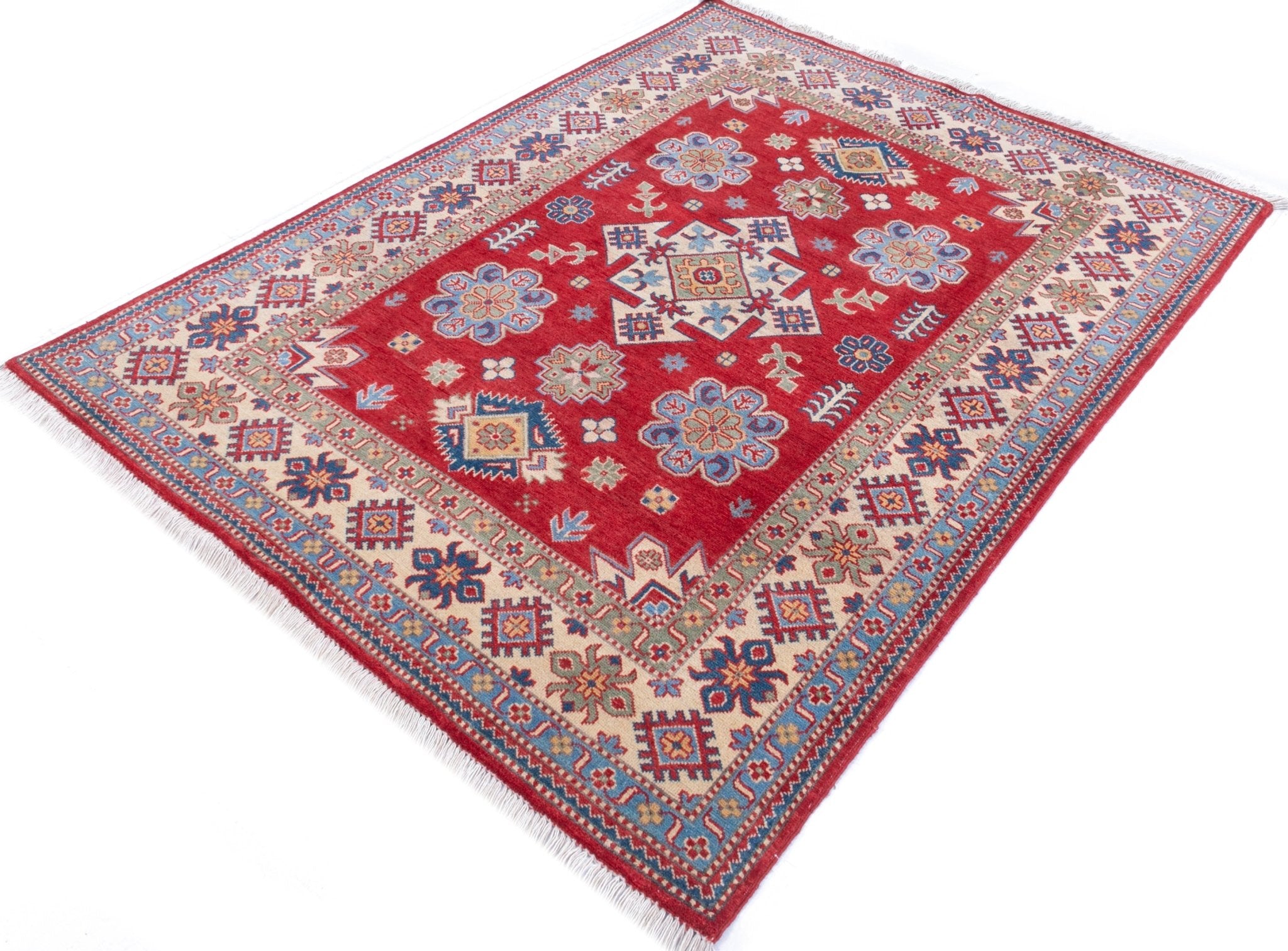 Full view at an angle of red & ivory Kazak-inspired wool rug 21991.