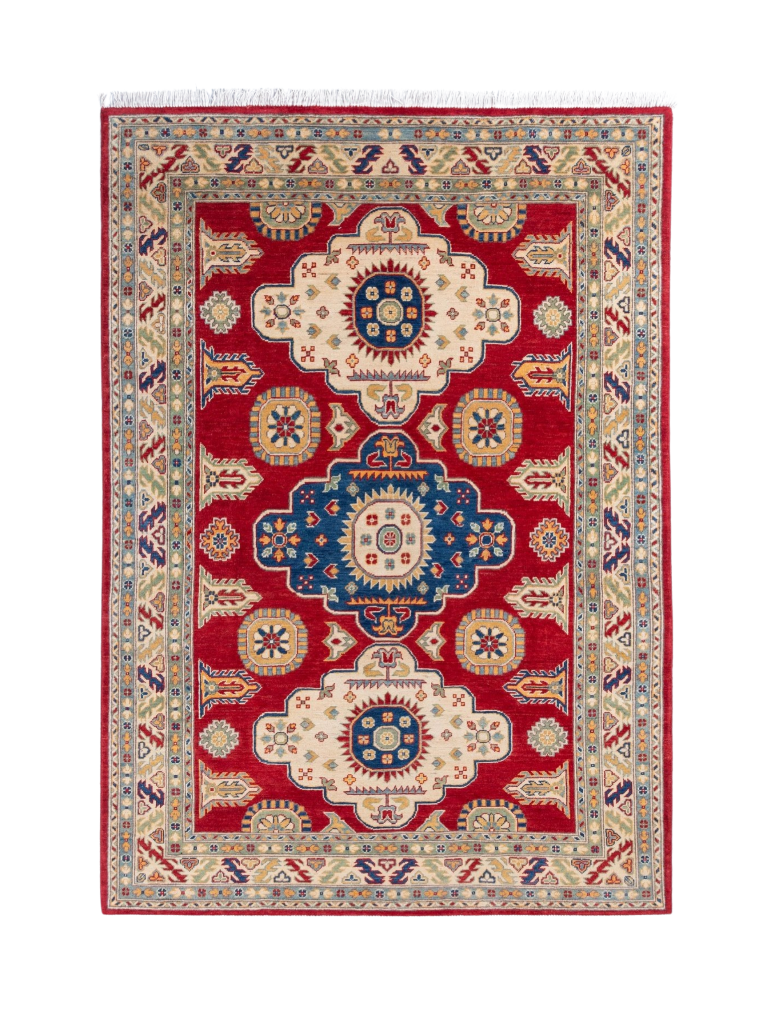 Full front view of red & ivory Kazak-inspired wool rug 22082.