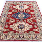 Full view from a low angle of red & ivory Kazak-inspired wool rug 22082.