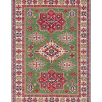 Full front view of green & red Kazak-inspired wool rug 29641.