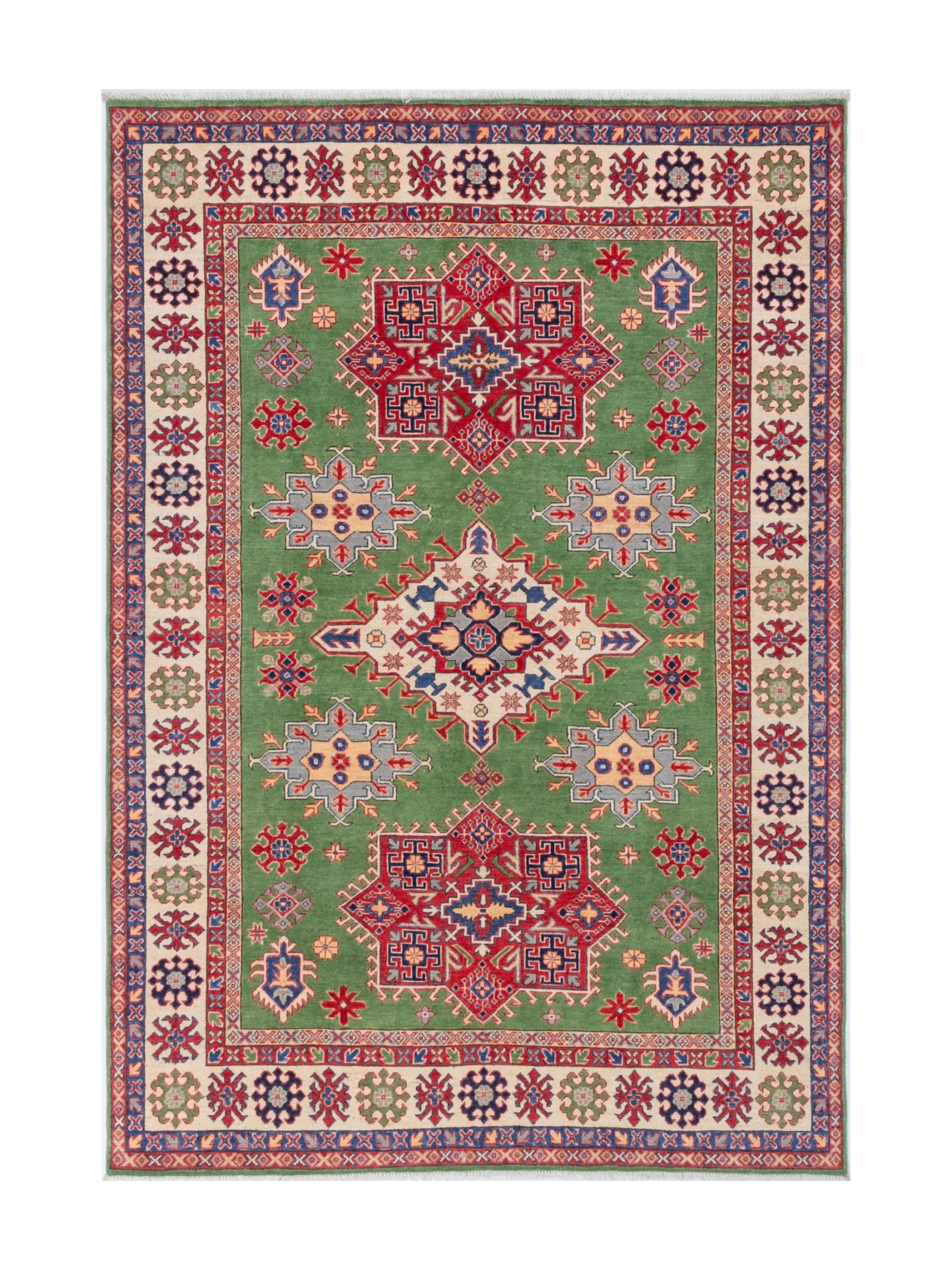Full front view of green & red Kazak-inspired wool rug 29641.