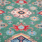 Pattern detail of green & ivory Kazak-inspired wool rug 29640.