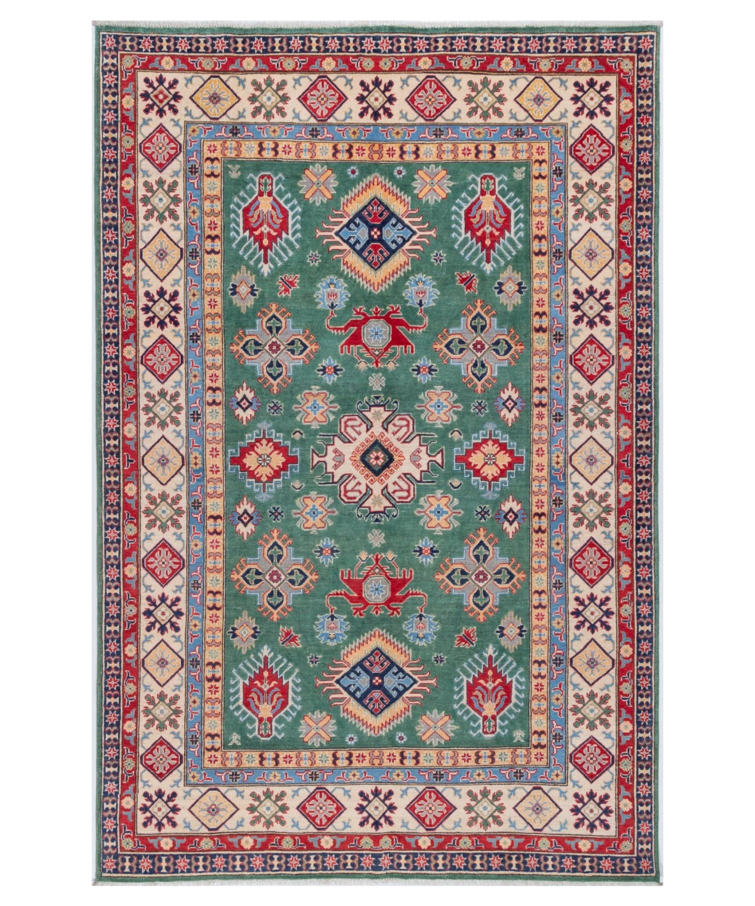 Full front view of green & ivory Kazak-inspired wool rug 29640.