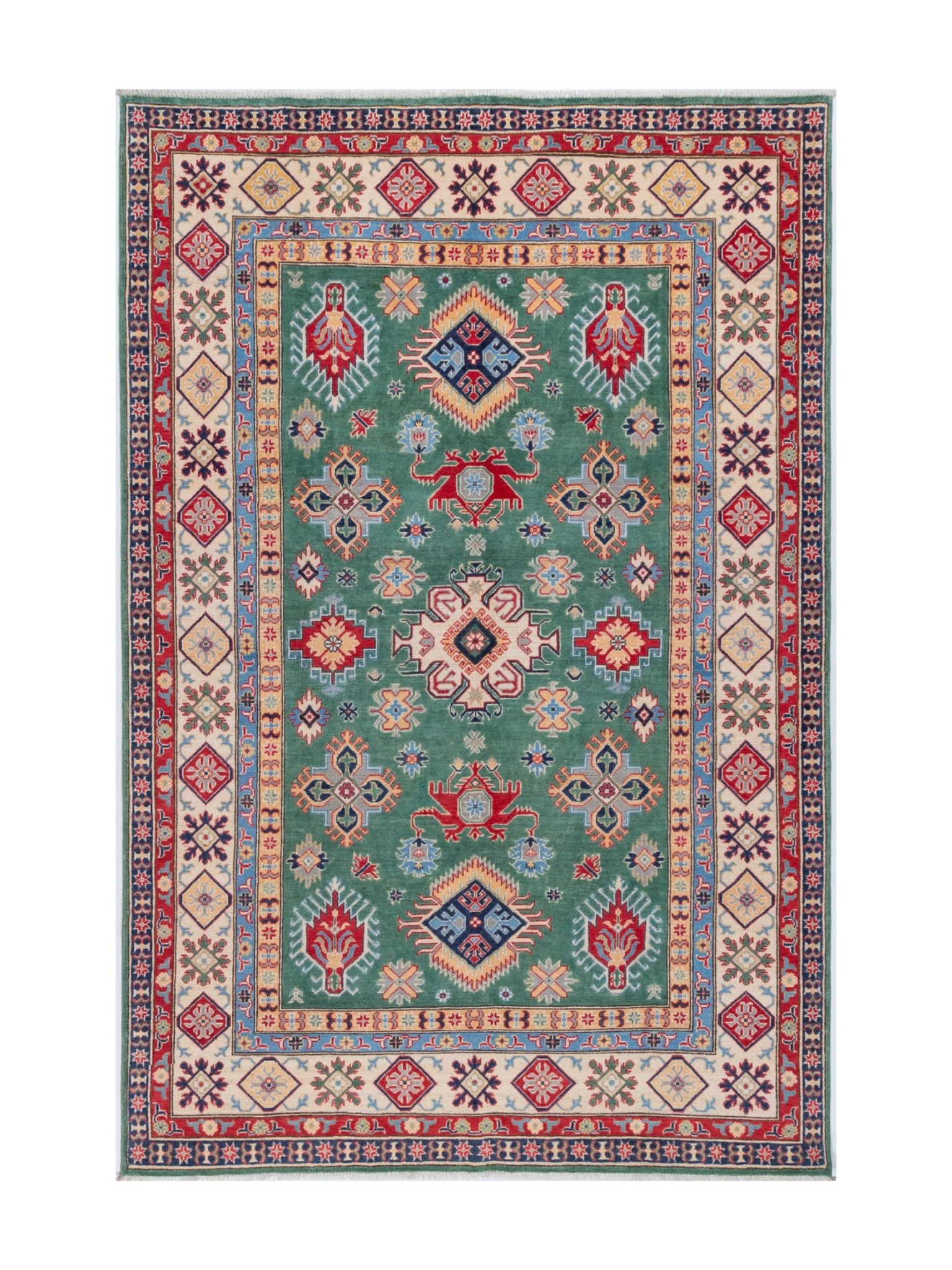 Full front view of green & ivory Kazak-inspired wool rug 29640.