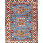 Full front view of blue & red Kazak-inspired wool rug 24986.