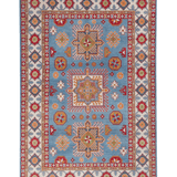 Full front view of blue & red Kazak-inspired wool rug 24986.