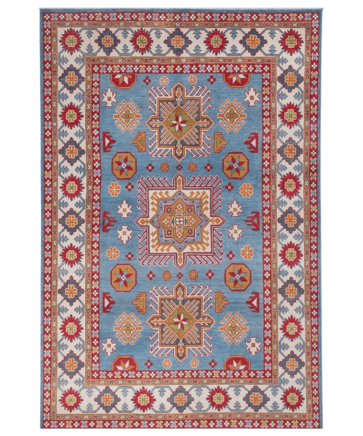 Full front view of blue & red Kazak-inspired wool rug 24986.