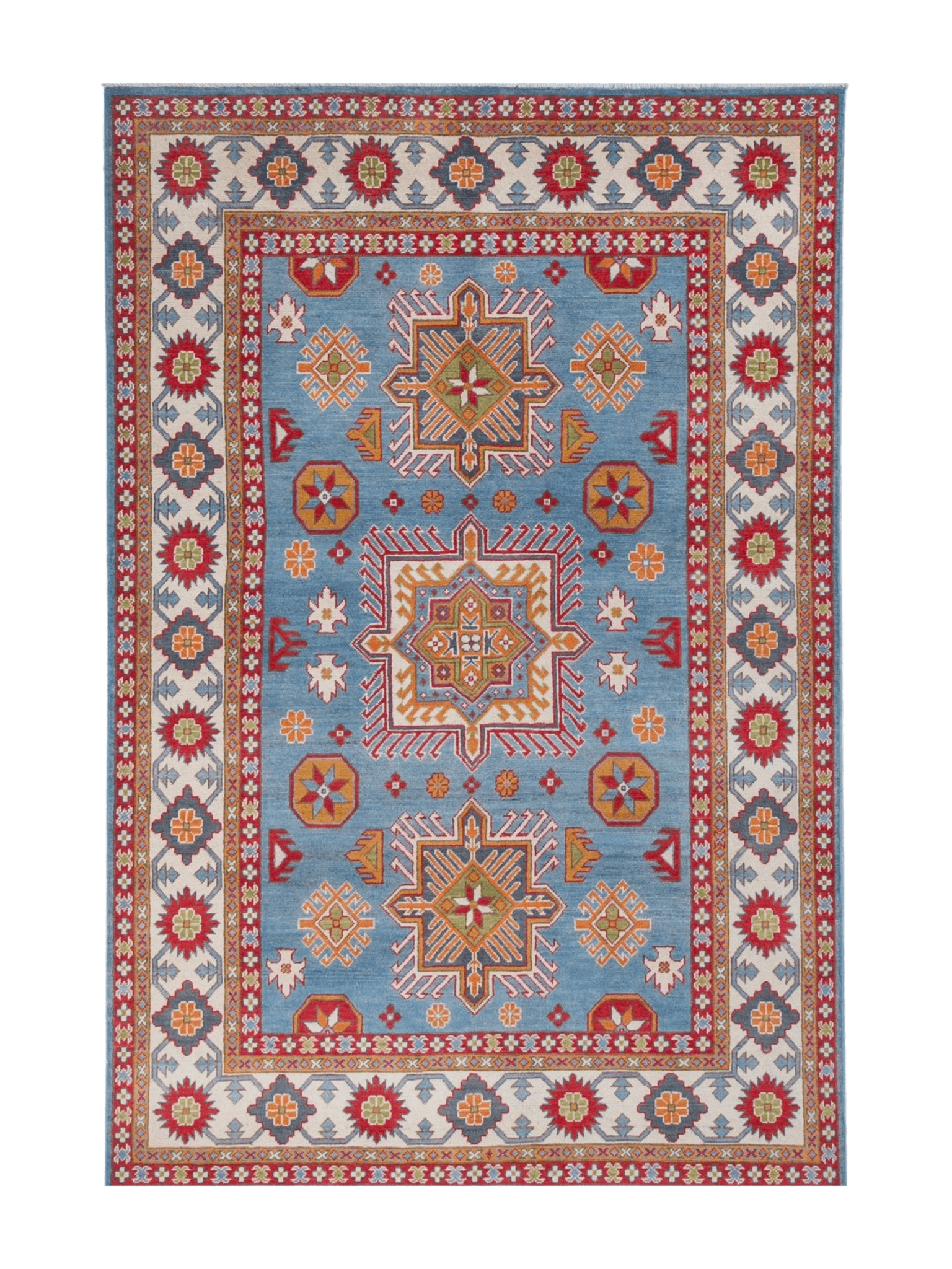 Full front view of blue & red Kazak-inspired wool rug 24986.