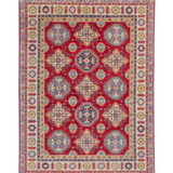 Full front view of red & blue Kazak-inspired wool rug 21988.