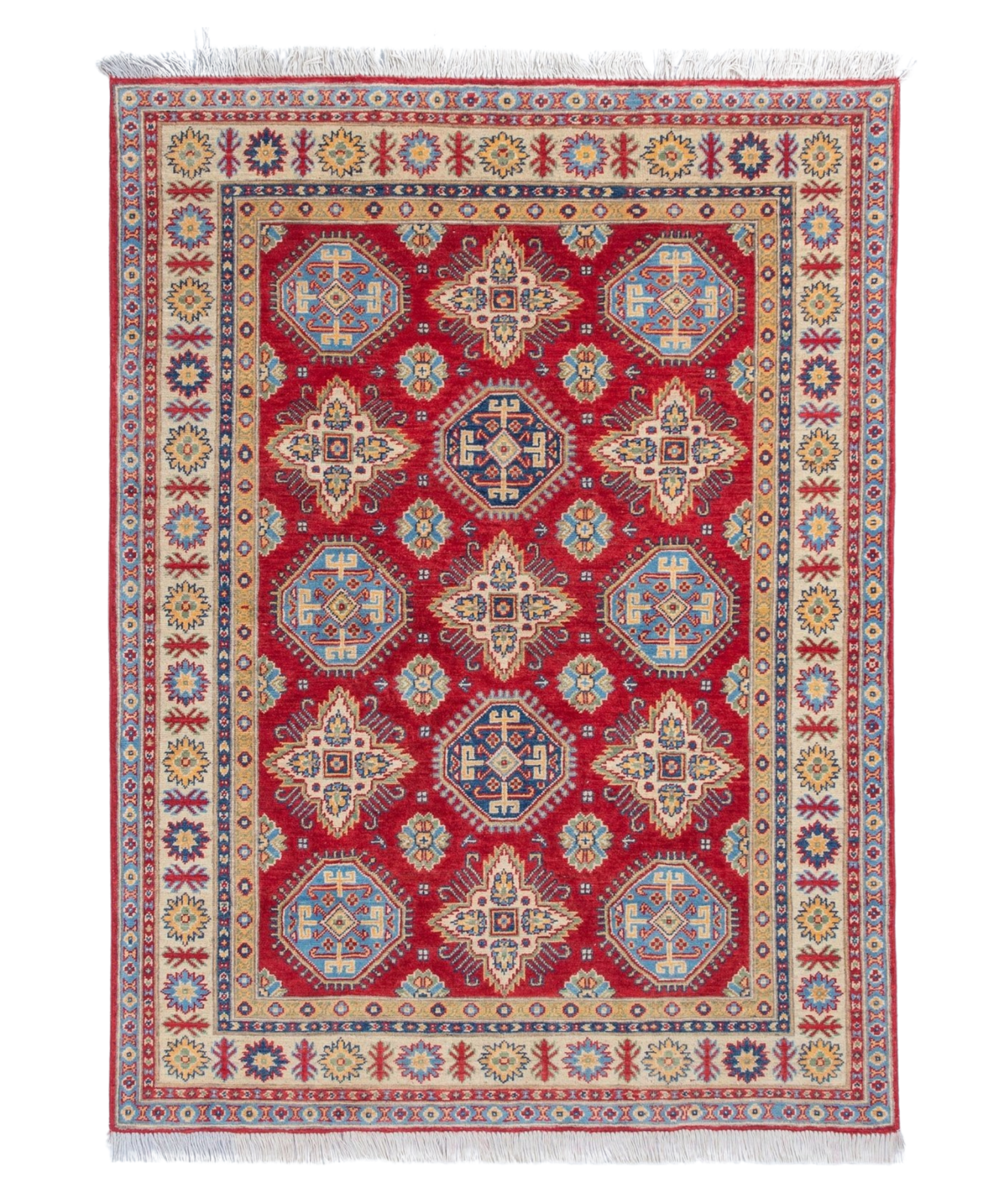 Full front view of red & blue Kazak-inspired wool rug 21988.