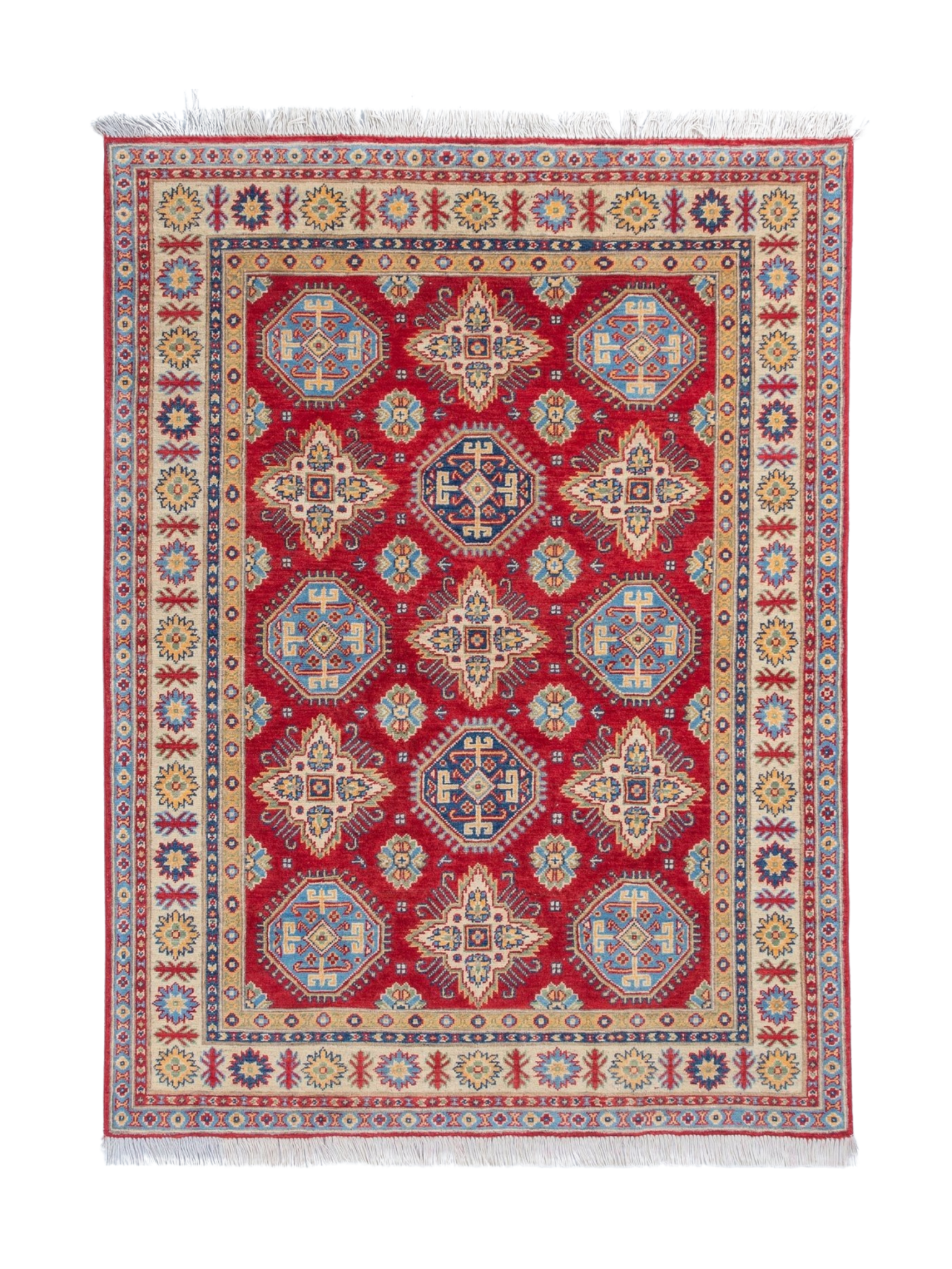 Full front view of red & blue Kazak-inspired wool rug 21988.