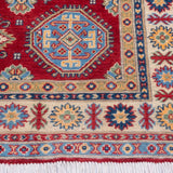 Border and edge detail of red & blue Kazak-inspired wool rug 21988.