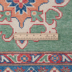 Wool pile close-up of green & blue Kazak-inspired wool rug 29639.