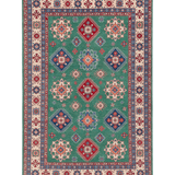 Full front view of green & blue Kazak-inspired wool rug 29639.