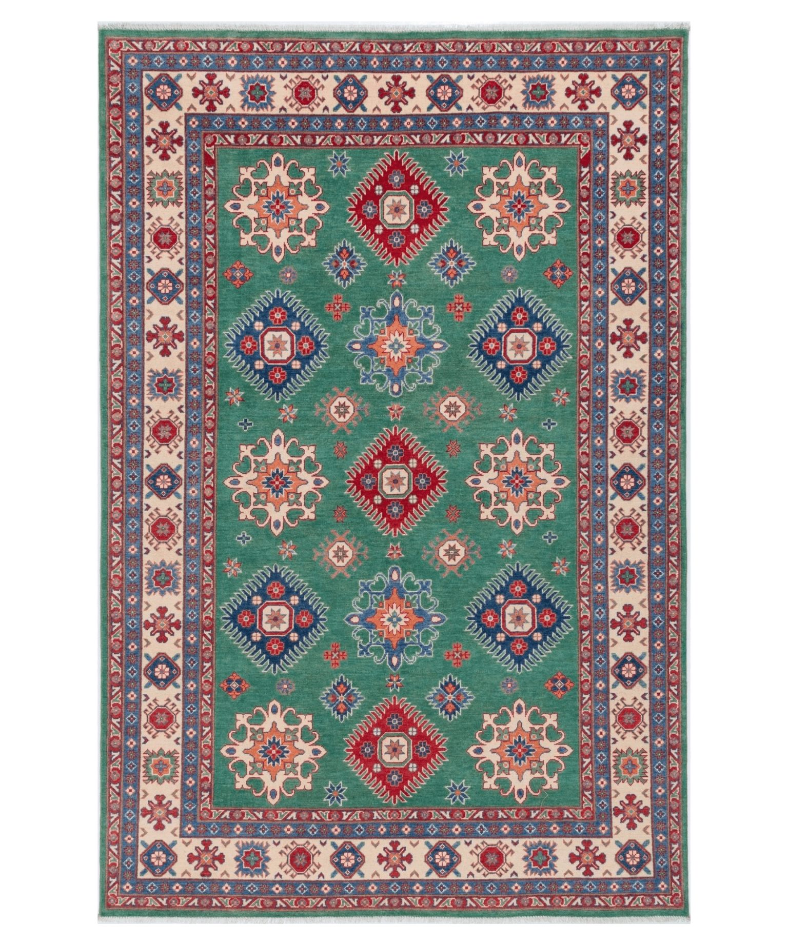 Full front view of green & blue Kazak-inspired wool rug 29639.