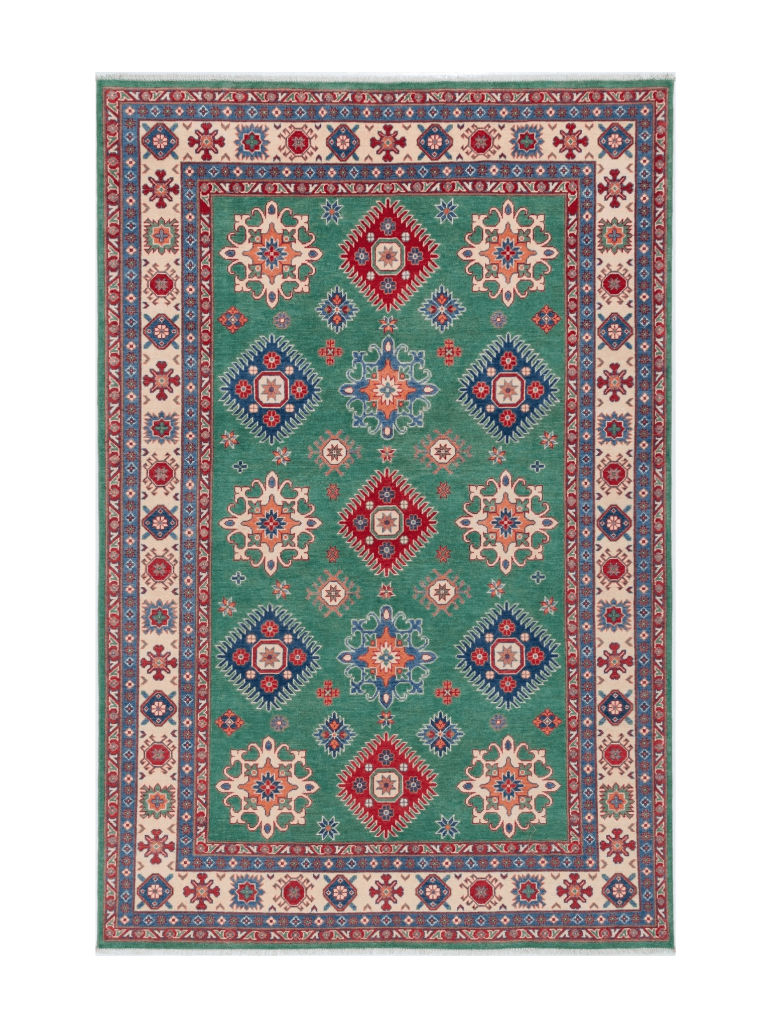 Full front view of green & blue Kazak-inspired wool rug 29639.