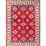 Full front view of red & blue Kazak-inspired wool rug 24995.
