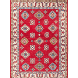 Full front view of red & blue Kazak-inspired wool rug 24995.