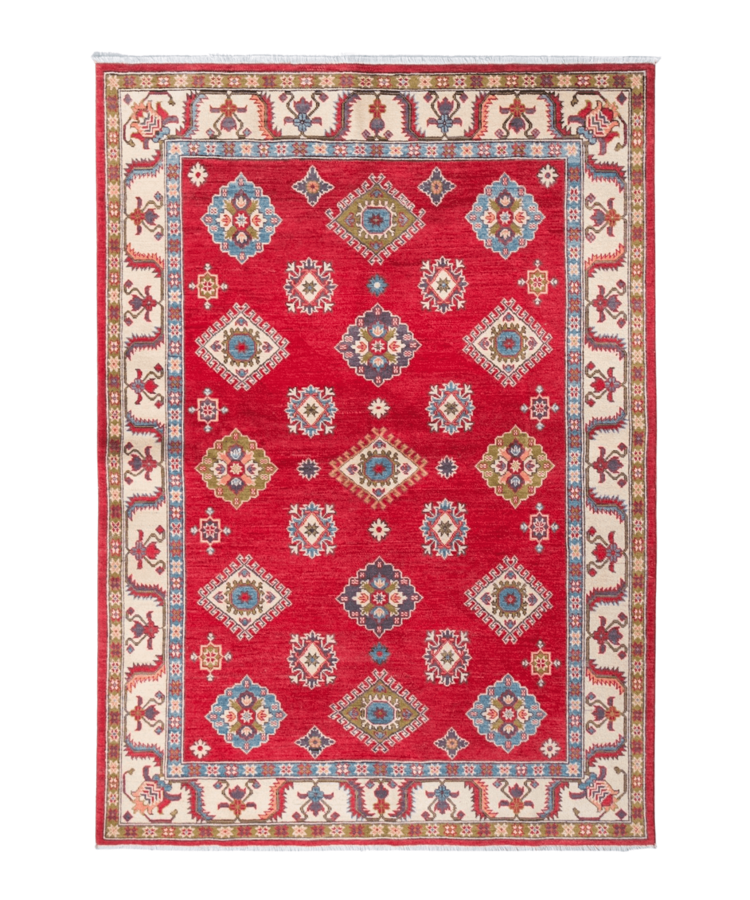 Full front view of red & blue Kazak-inspired wool rug 24995.