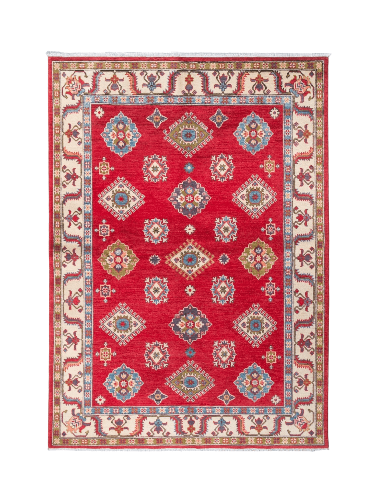 Full front view of red & blue Kazak-inspired wool rug 24995.