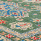 Pattern detail of green & blue Kazak-inspired wool rug 29637.