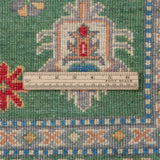 Wool pile close-up of green & blue Kazak-inspired wool rug 29637.