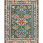 Full front view of green & blue Kazak-inspired wool rug 29637.