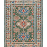 Full front view of green & blue Kazak-inspired wool rug 29637.