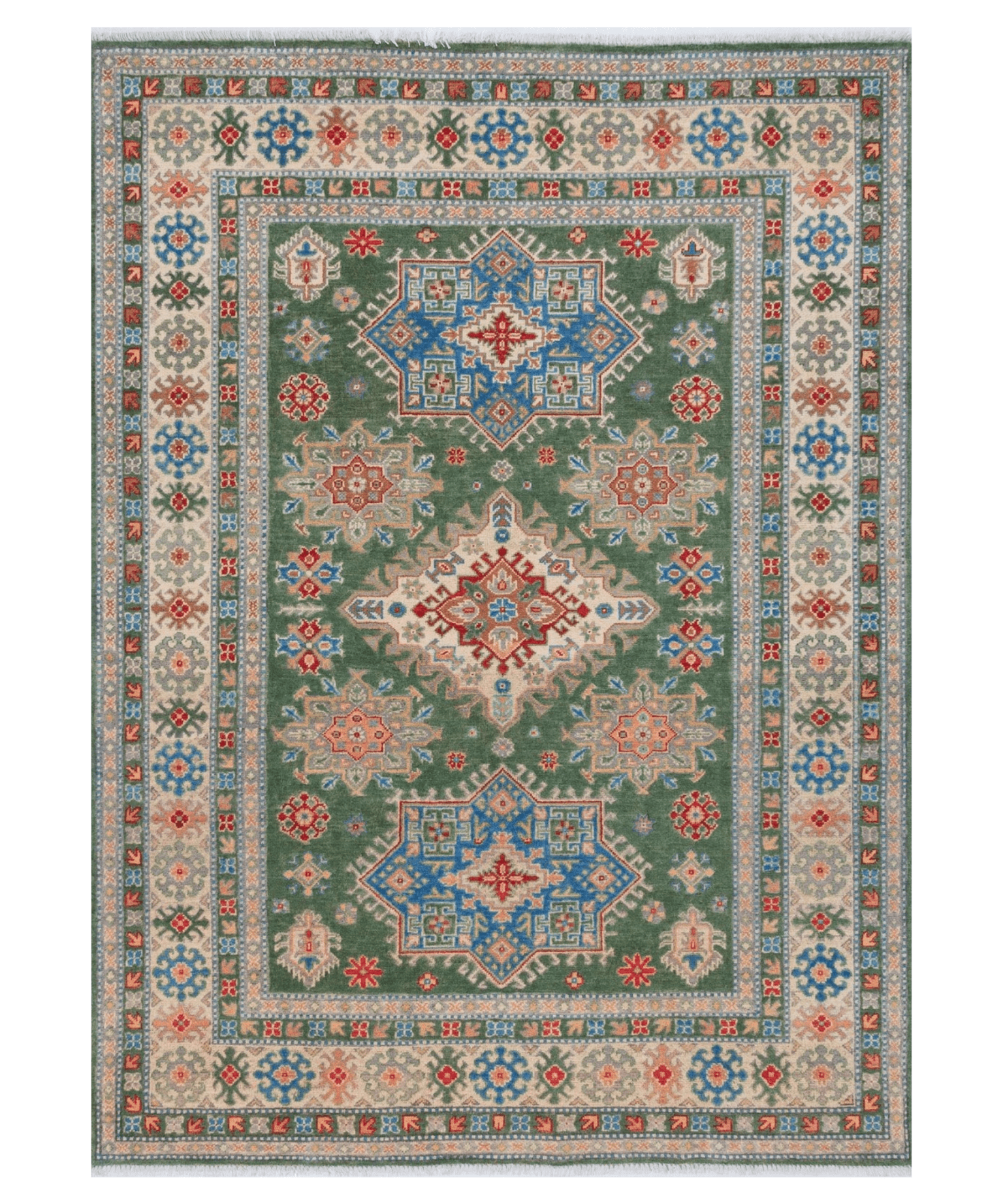 Full front view of green & blue Kazak-inspired wool rug 29637.