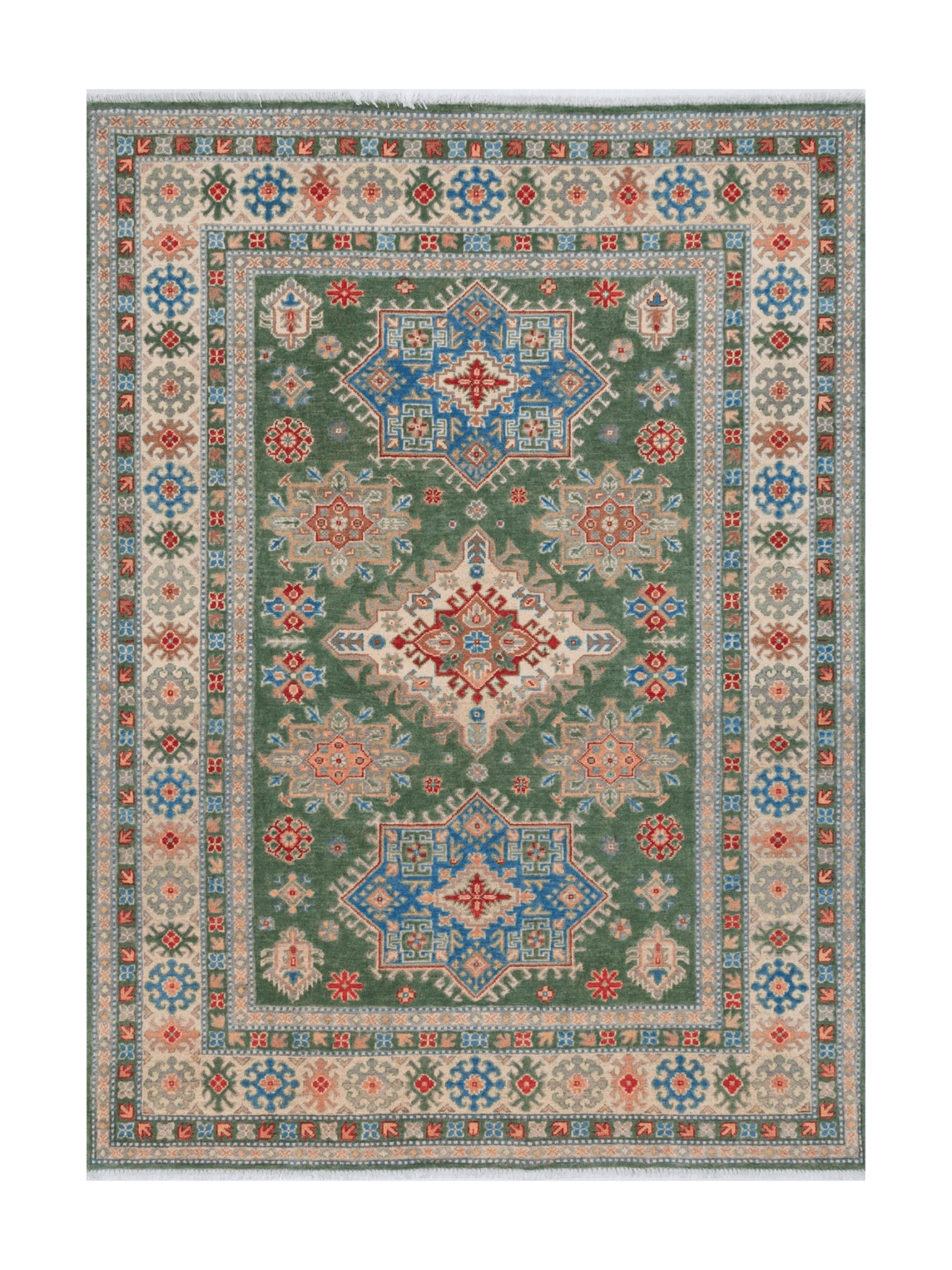 Full front view of green & blue Kazak-inspired wool rug 29637.
