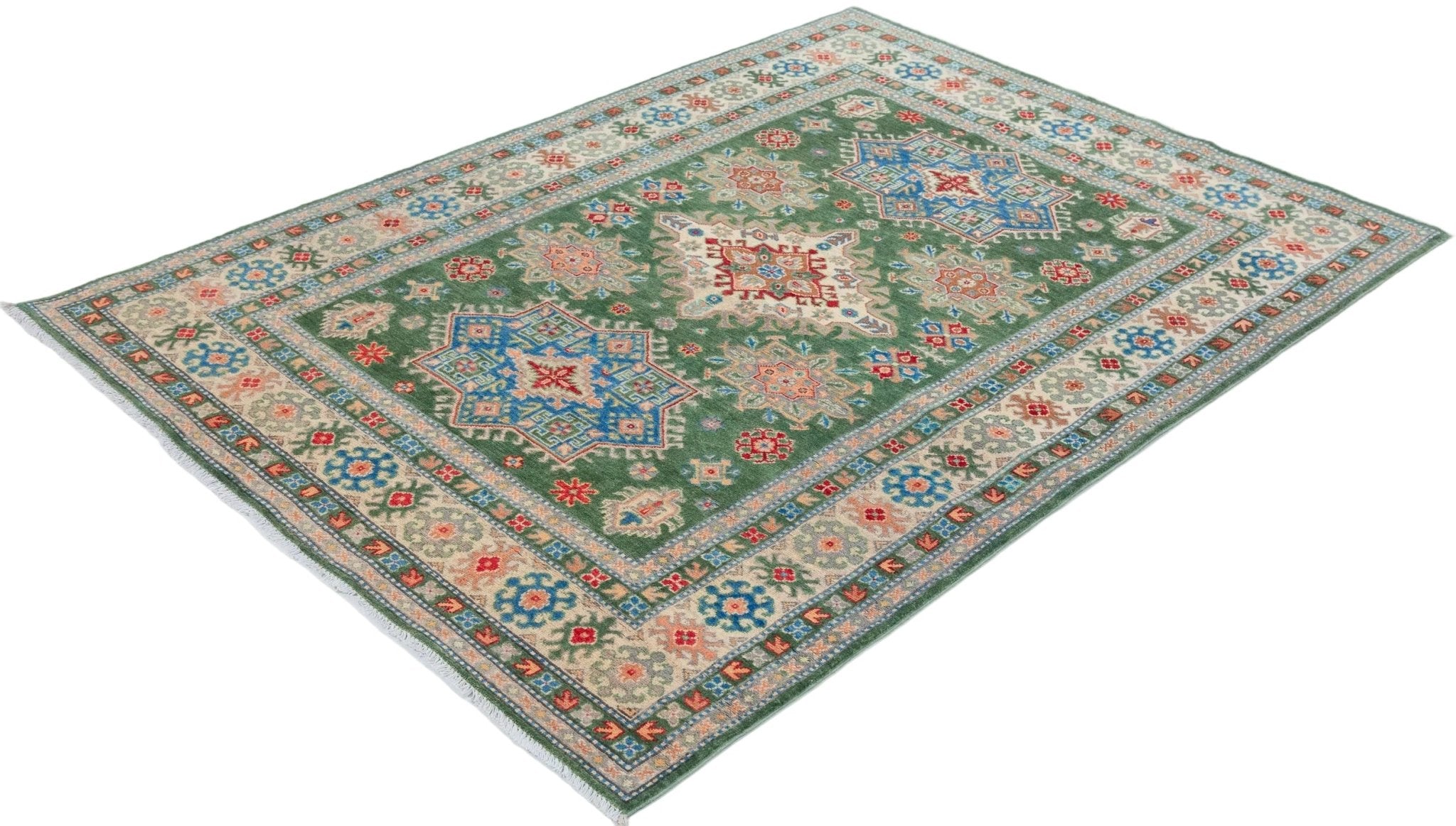 Full view at an angle of green & blue Kazak-inspired wool rug 29637.