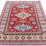 Full view from a low angle of red & ivory Kazak-inspired wool rug 21989.
