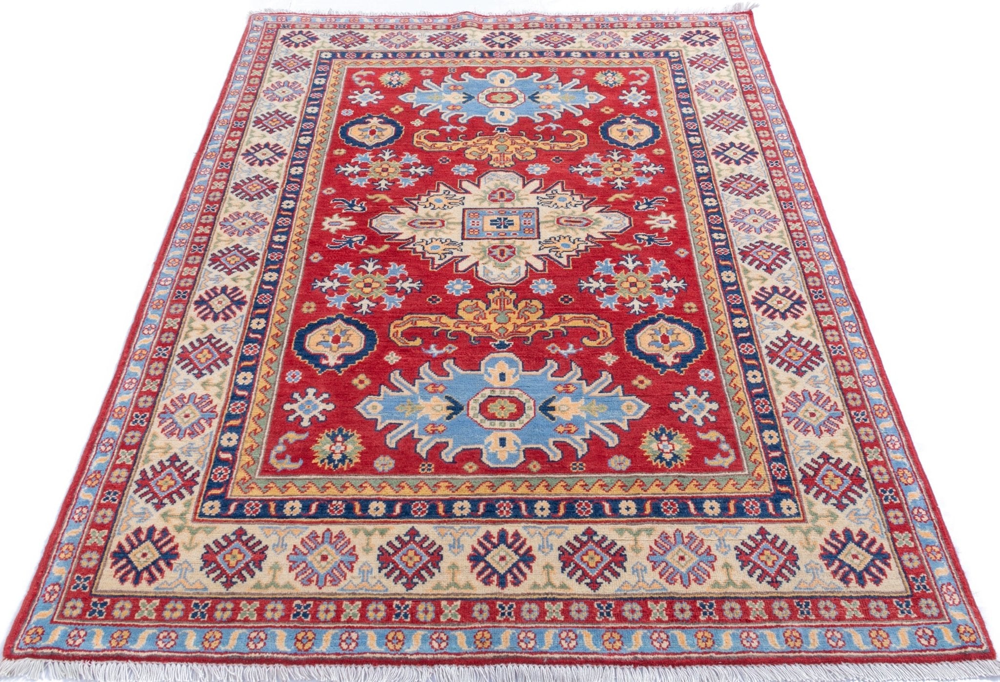Full view from a low angle of red & ivory Kazak-inspired wool rug 21989.
