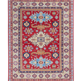 Full front view of red & ivory Kazak-inspired wool rug 21989.