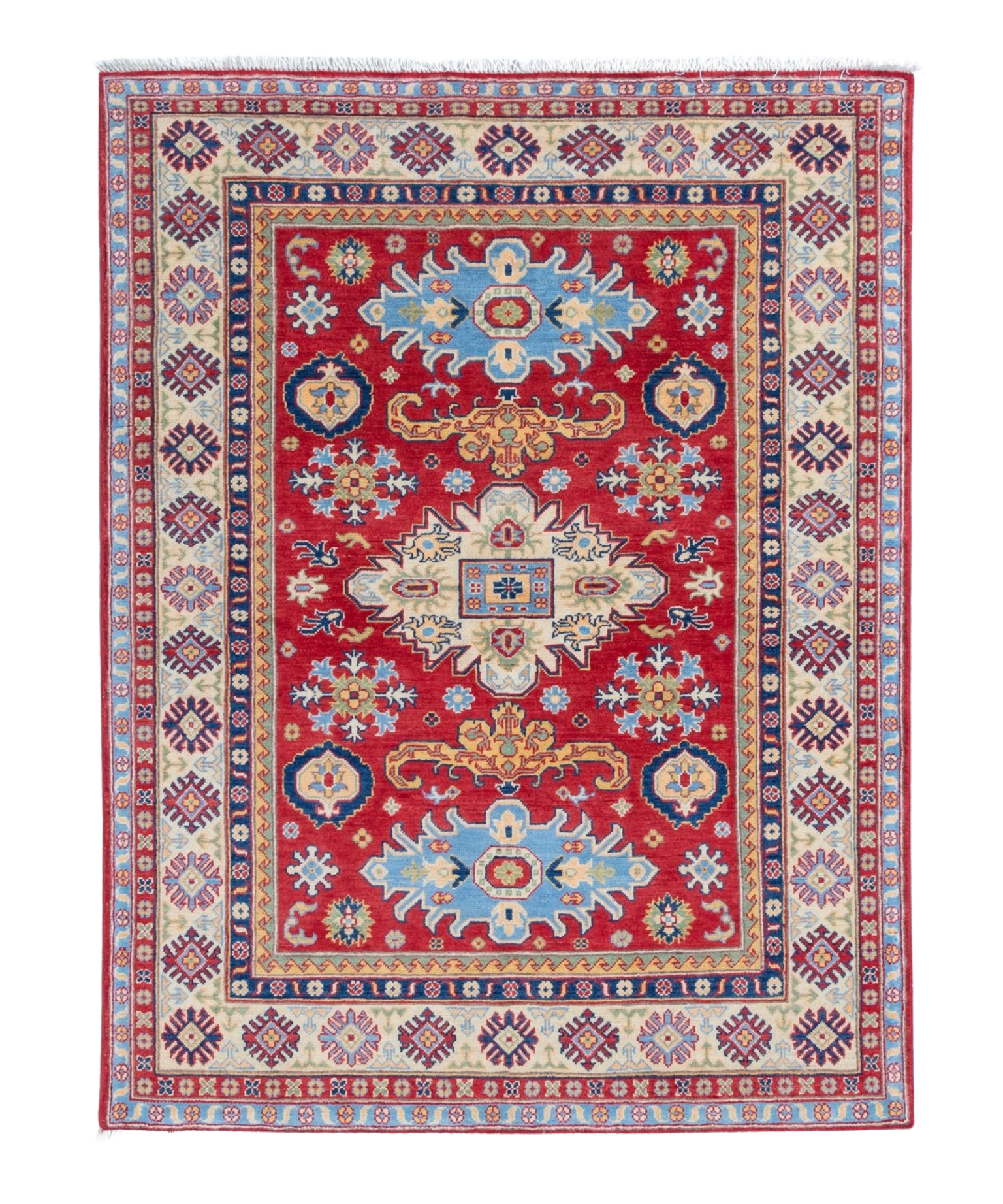 Full front view of red & ivory Kazak-inspired wool rug 21989.
