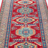 Pattern detail of red & blue Kazak-inspired wool runner 29654.