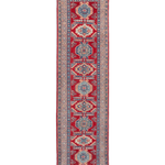 Full front view of red & blue Kazak-inspired wool runner 29654.