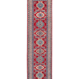 Full front view of red & blue Kazak-inspired wool runner 29654.