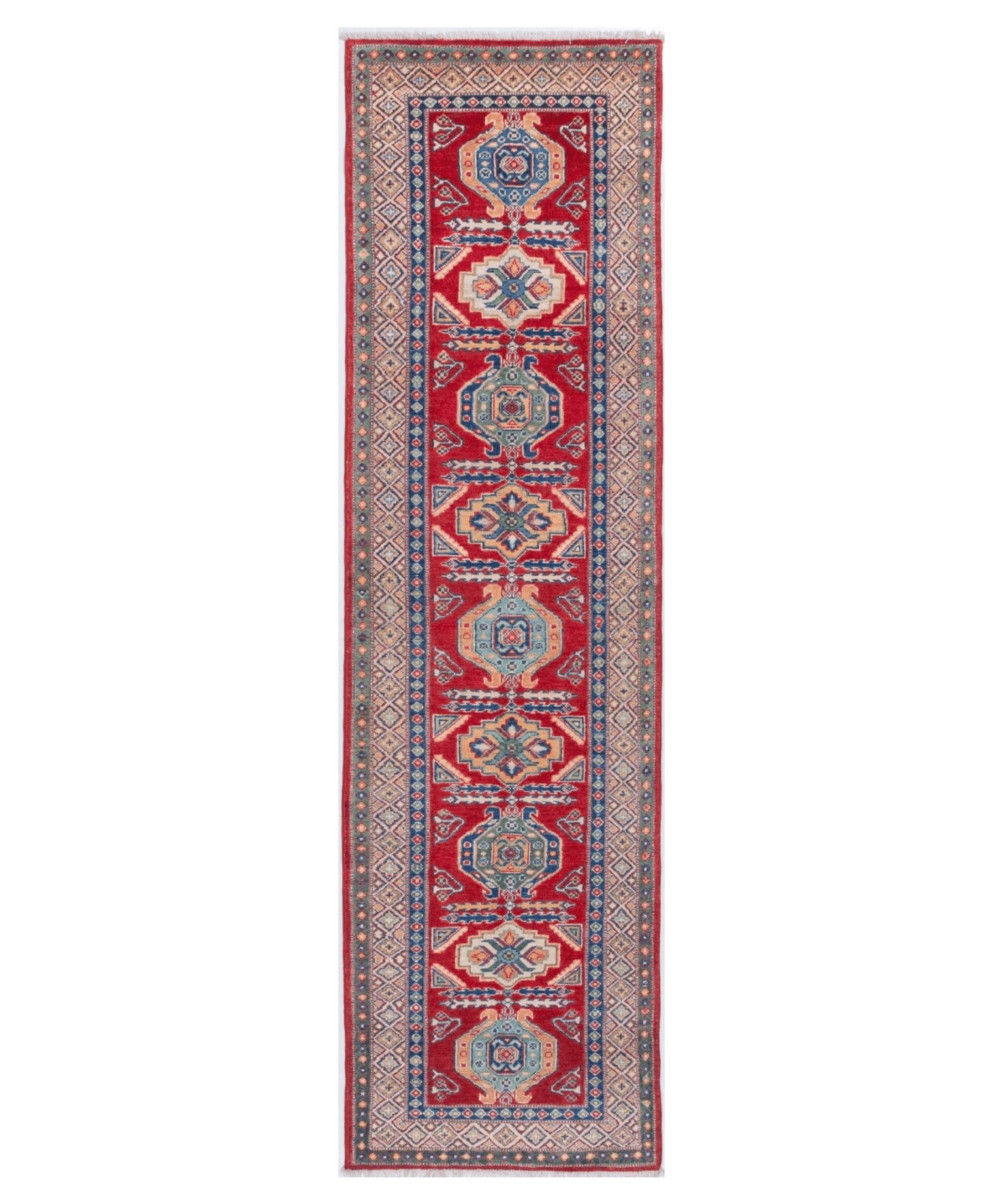 Full front view of red & blue Kazak-inspired wool runner 29654.