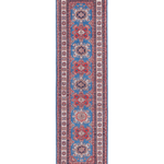 Full front view of blue & red Kazak-inspired wool runner 29653.
