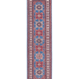 Full front view of blue & red Kazak-inspired wool runner 29653.