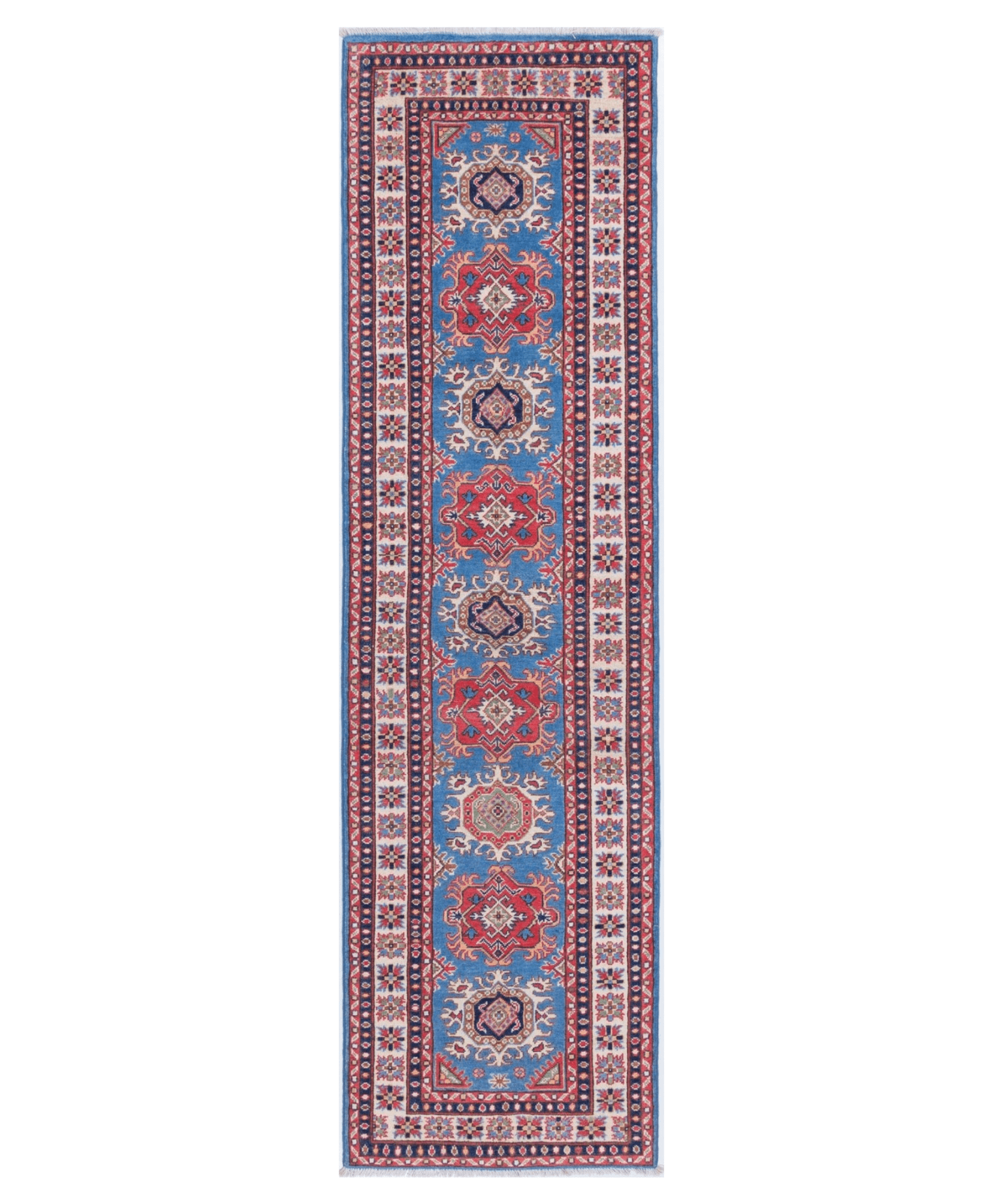 Full front view of blue & red Kazak-inspired wool runner 29653.