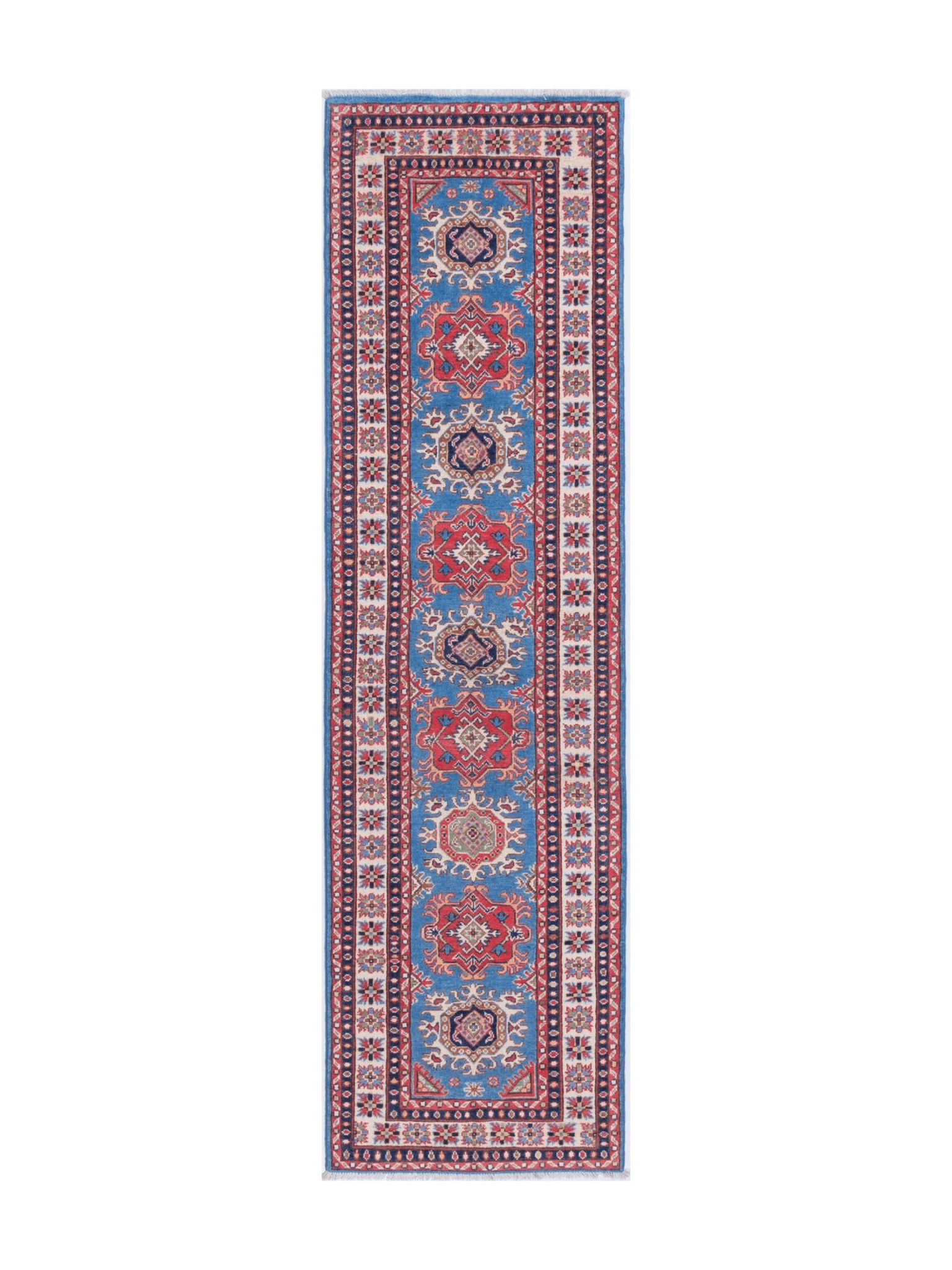 Full front view of blue & red Kazak-inspired wool runner 29653.
