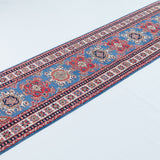 Full view at an angle of blue & red Kazak-inspired wool runner 29653.