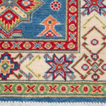 Border and edge detail of blue & ivory Kazak-inspired wool runner 29655.